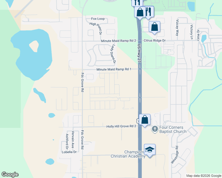 map of restaurants, bars, coffee shops, grocery stores, and more near 2843 Holly Hill Grove Road 3 in Davenport
