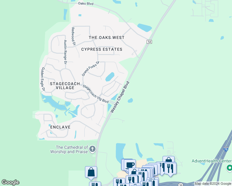 map of restaurants, bars, coffee shops, grocery stores, and more near 3350 Broken Bow Drive in Land O' Lakes