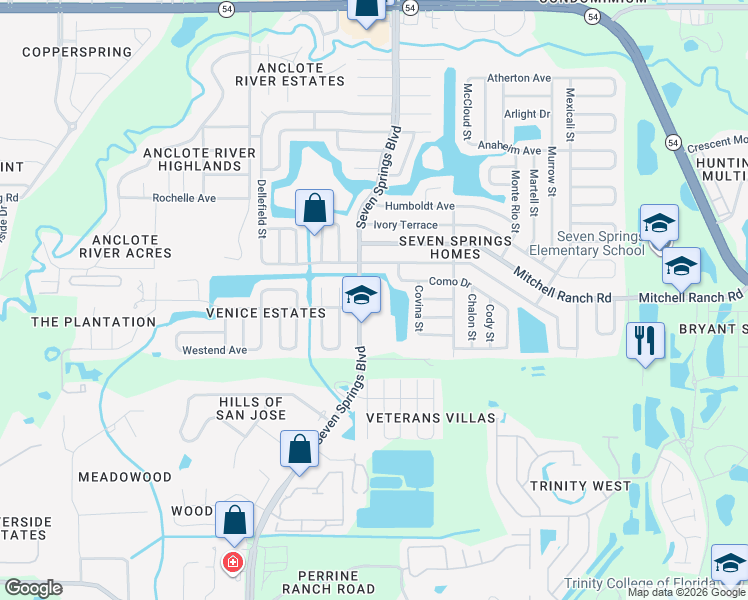 map of restaurants, bars, coffee shops, grocery stores, and more near 3223 Kismet Court in New Port Richey