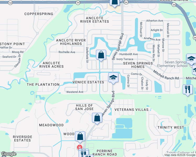 map of restaurants, bars, coffee shops, grocery stores, and more near 3214 Ludlow Drive in New Port Richey