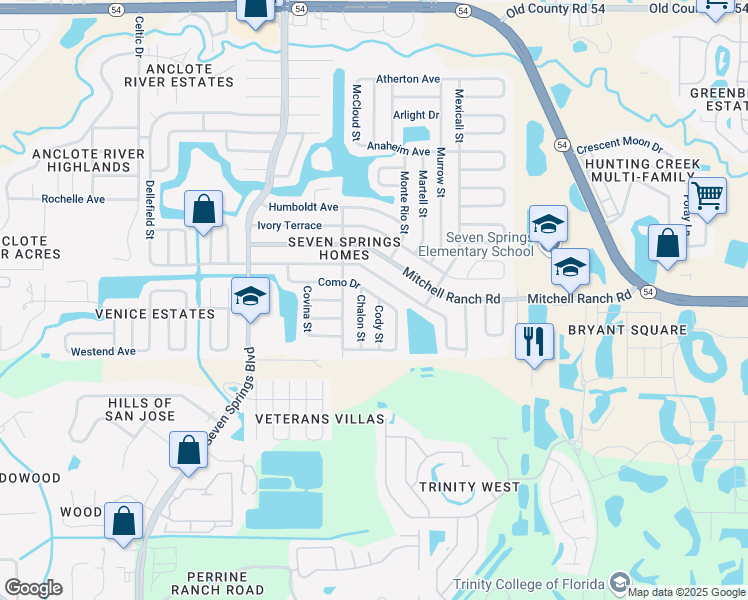 map of restaurants, bars, coffee shops, grocery stores, and more near 3221 Cody Street in New Port Richey