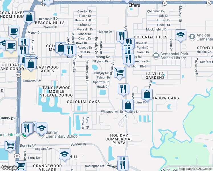 map of restaurants, bars, coffee shops, grocery stores, and more near 5311 Hawk Drive in Holiday