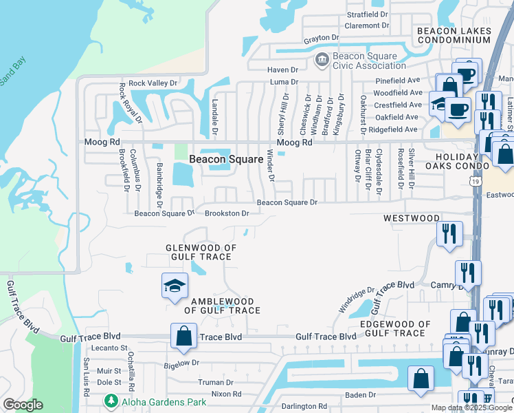map of restaurants, bars, coffee shops, grocery stores, and more near 3640 Beacon Square Drive in Holiday