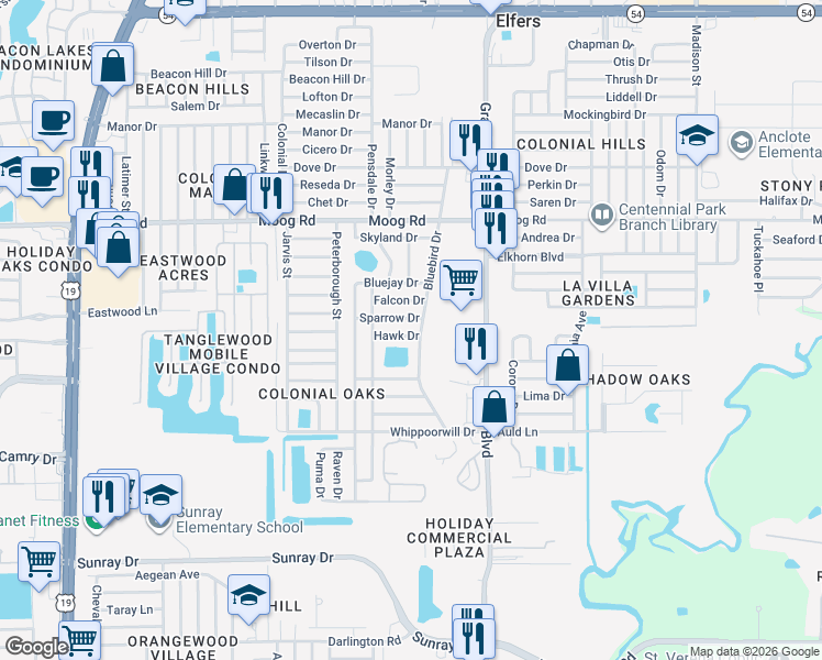 map of restaurants, bars, coffee shops, grocery stores, and more near 5311 Hawk Drive in Holiday