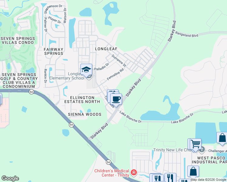 map of restaurants, bars, coffee shops, grocery stores, and more near 3204 Deland Street in New Port Richey