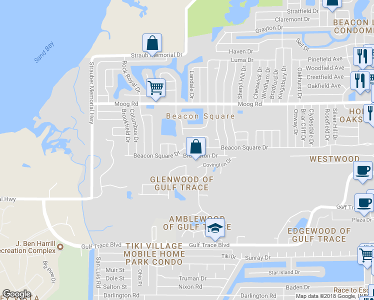 map of restaurants, bars, coffee shops, grocery stores, and more near 3450 Beacon Square Drive in Holiday
