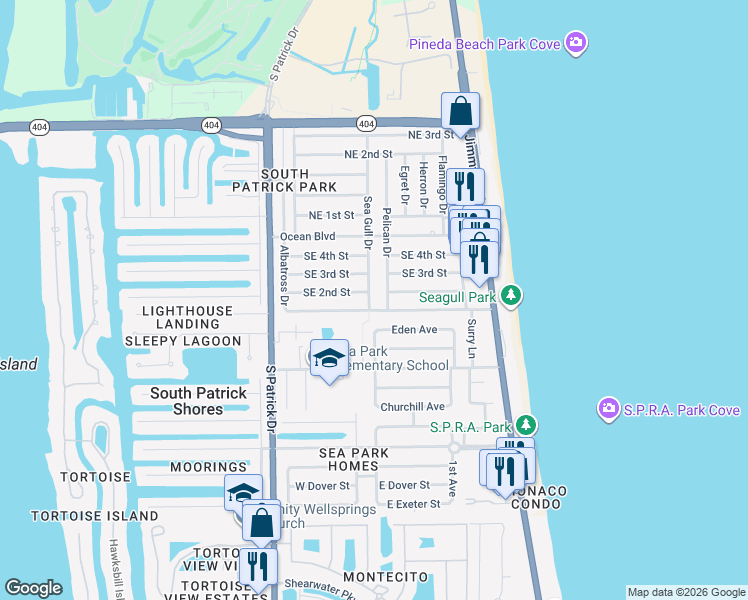 map of restaurants, bars, coffee shops, grocery stores, and more near 140 Seagull Drive in Satellite Beach
