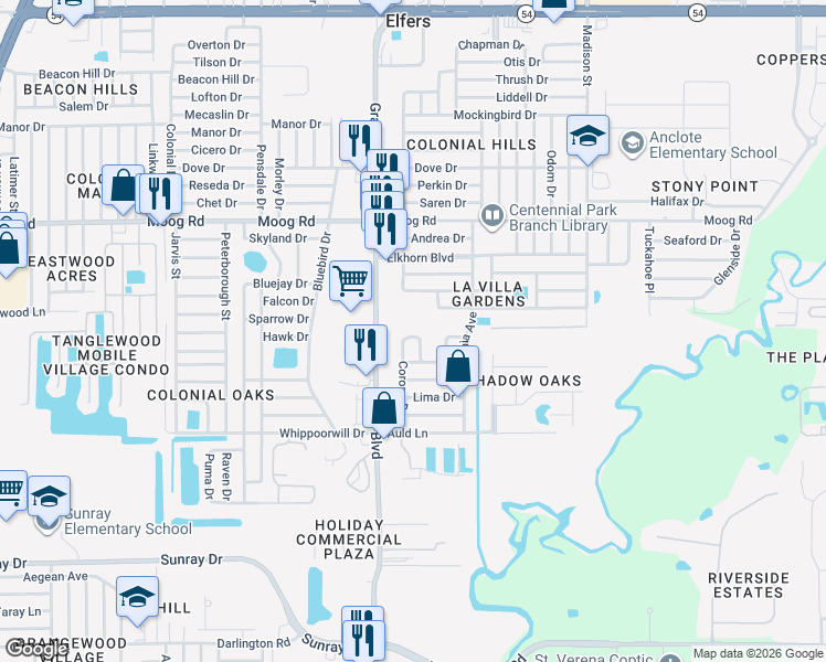map of restaurants, bars, coffee shops, grocery stores, and more near 3226 Andorra Dr in Holiday