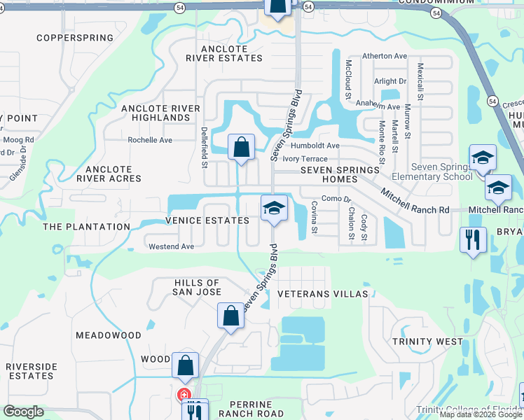 map of restaurants, bars, coffee shops, grocery stores, and more near 3220 Lodi Drive in New Port Richey