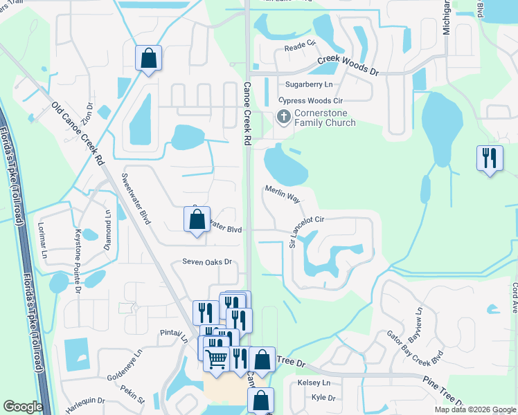 map of restaurants, bars, coffee shops, grocery stores, and more near 5690 Merlin Way in St. Cloud