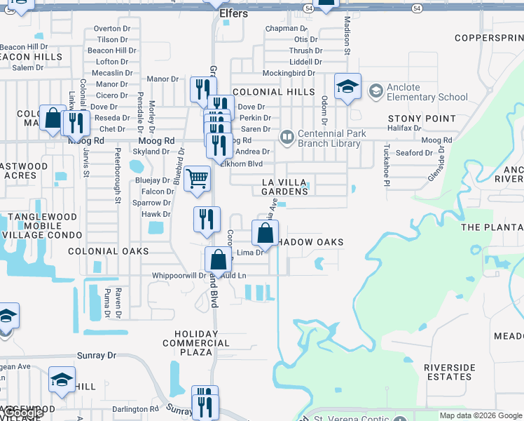 map of restaurants, bars, coffee shops, grocery stores, and more near 3231 Custer Drive in Holiday
