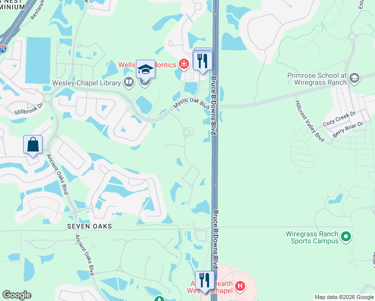 map of restaurants, bars, coffee shops, grocery stores, and more near 3365 Watermark Drive in Zephyrhills