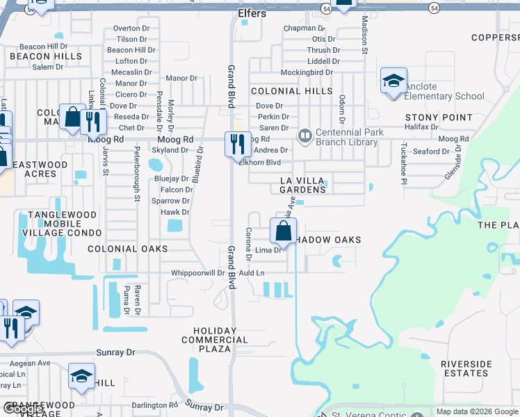 map of restaurants, bars, coffee shops, grocery stores, and more near 3226 Andorra Drive in Holiday