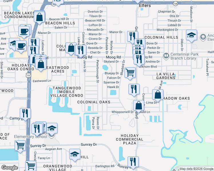 map of restaurants, bars, coffee shops, grocery stores, and more near 5221 Hawk Drive in Holiday