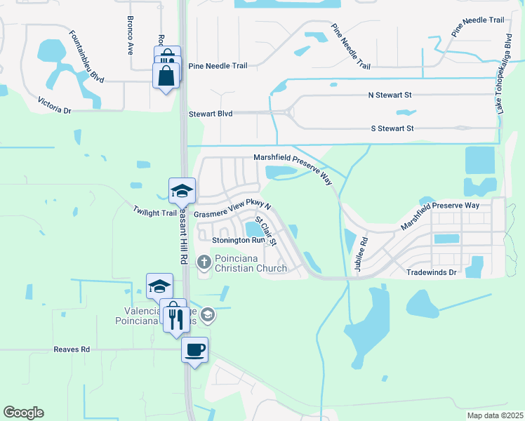map of restaurants, bars, coffee shops, grocery stores, and more near 2894 Villanova Woods Drive in Kissimmee
