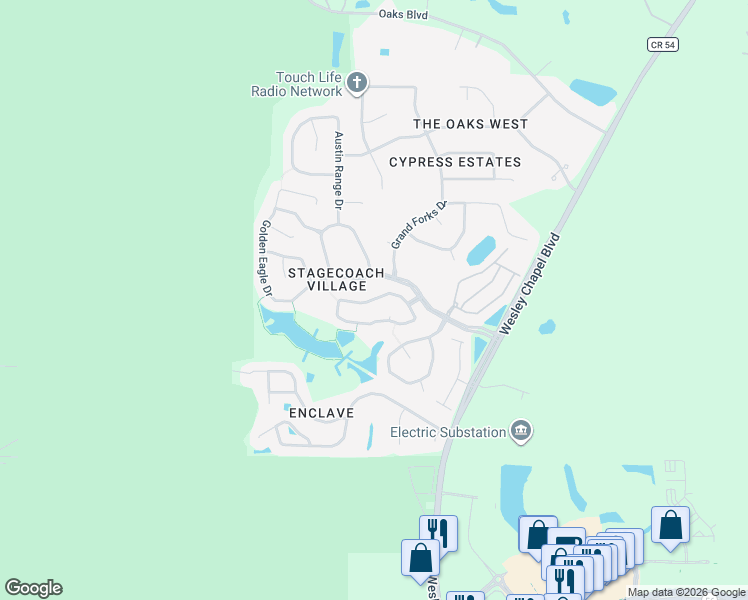 map of restaurants, bars, coffee shops, grocery stores, and more near 25415 7 Rivers Circle in Land O' Lakes