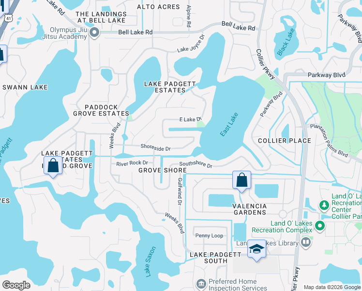 map of restaurants, bars, coffee shops, grocery stores, and more near 22453 Shoreside Drive in Land O' Lakes