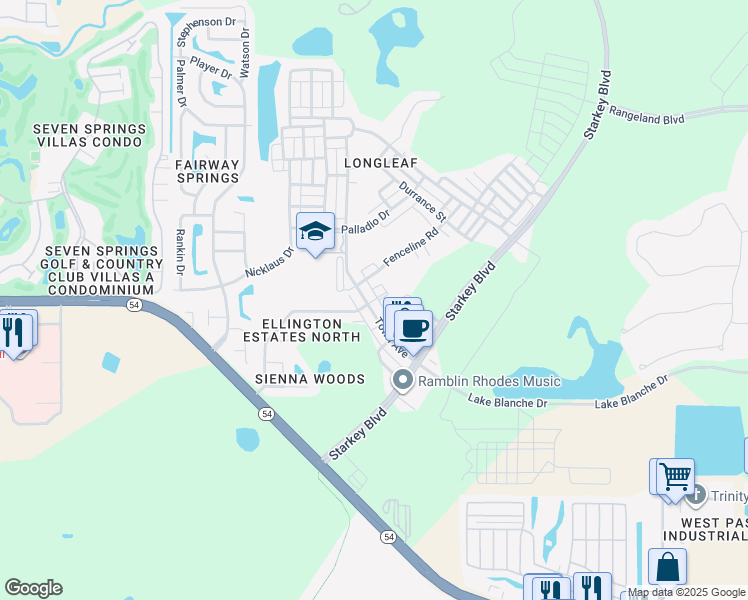 map of restaurants, bars, coffee shops, grocery stores, and more near 3329 Ellington Way in New Port Richey