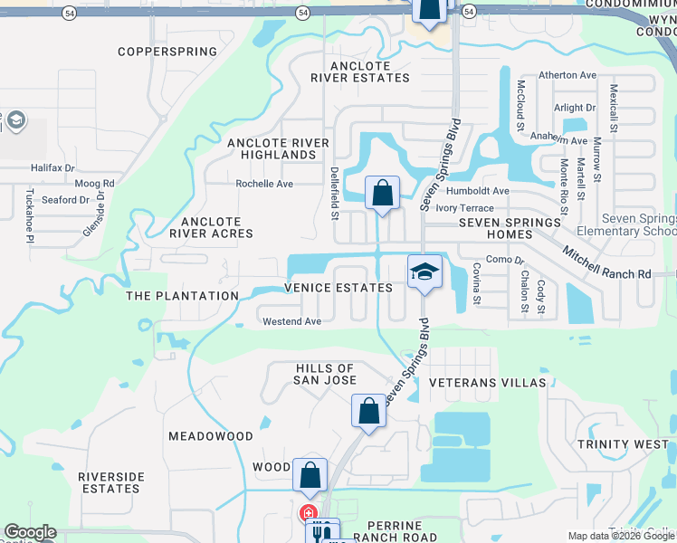 map of restaurants, bars, coffee shops, grocery stores, and more near 7033 Lassen Avenue in New Port Richey