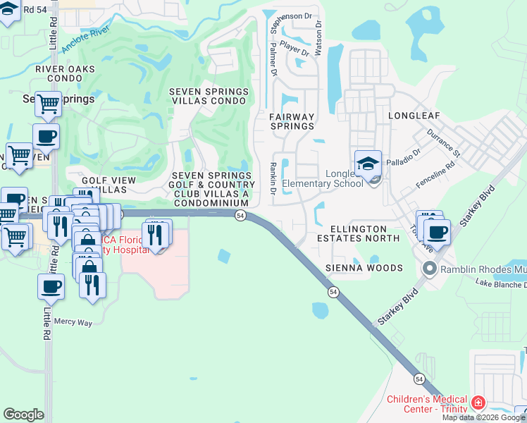 map of restaurants, bars, coffee shops, grocery stores, and more near 9847 Florida 54 in New Port Richey