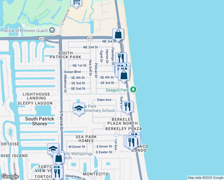 map of restaurants, bars, coffee shops, grocery stores, and more near 125 Southeast 1st Street in Melbourne