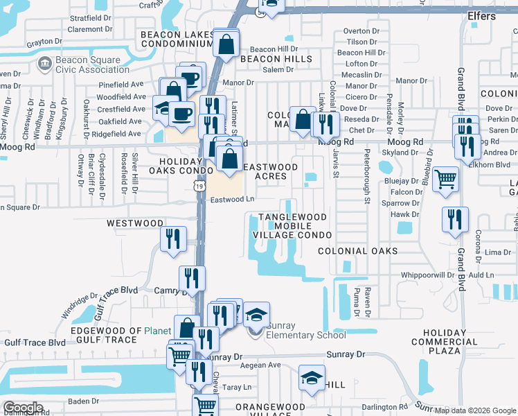 map of restaurants, bars, coffee shops, grocery stores, and more near 4721 Burney Drive in Holiday