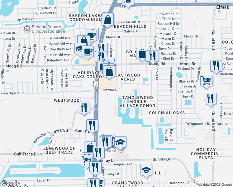 map of restaurants, bars, coffee shops, grocery stores, and more near 3217 Birkdale Drive in Holiday