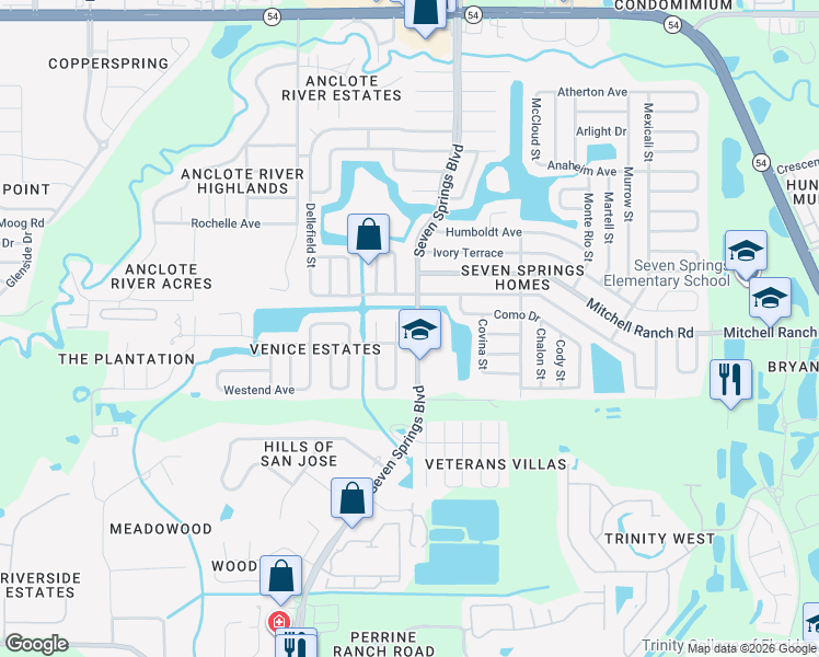 map of restaurants, bars, coffee shops, grocery stores, and more near 3220 Lodi Drive in New Port Richey