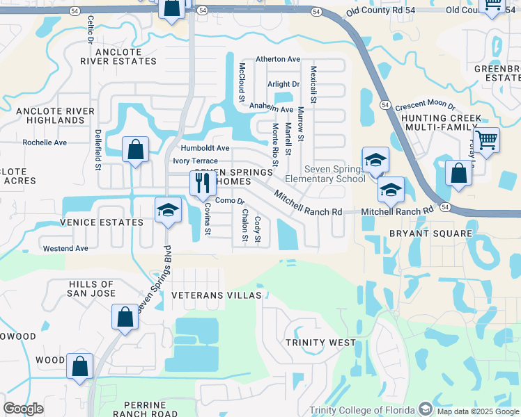 map of restaurants, bars, coffee shops, grocery stores, and more near 3221 Cody Street in New Port Richey
