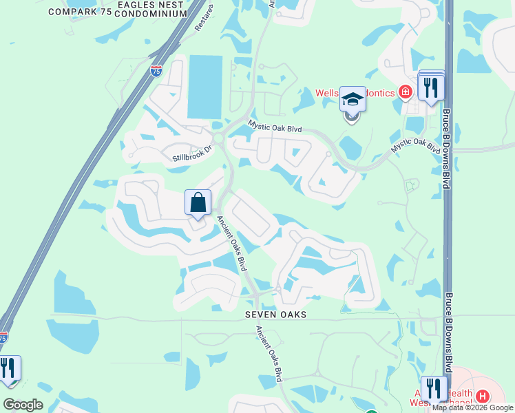map of restaurants, bars, coffee shops, grocery stores, and more near 3442 Chapel Creek Circle in Wesley Chapel