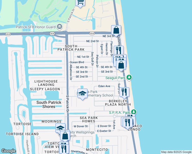 map of restaurants, bars, coffee shops, grocery stores, and more near 180 Pelican Drive in Satellite Beach