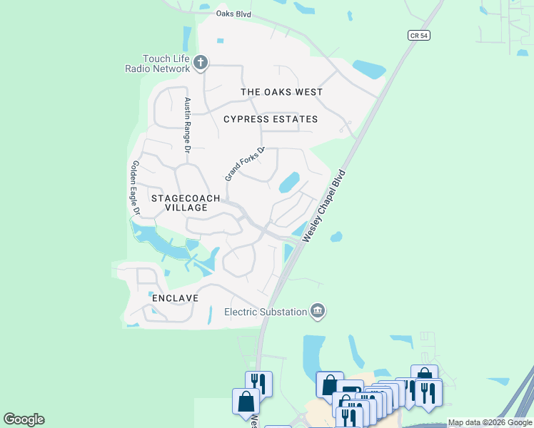 map of restaurants, bars, coffee shops, grocery stores, and more near 3402 Red Rock Dr in Land O' Lakes