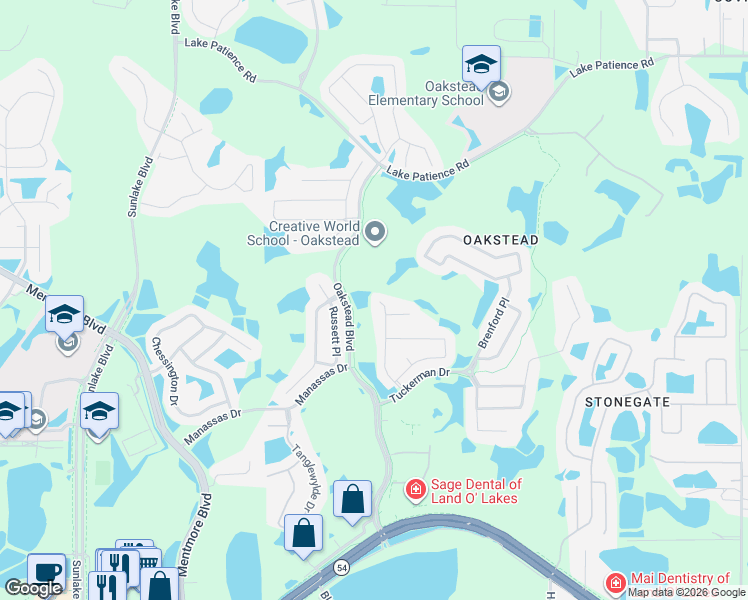 map of restaurants, bars, coffee shops, grocery stores, and more near 3337 Keswick Court in Land O' Lakes