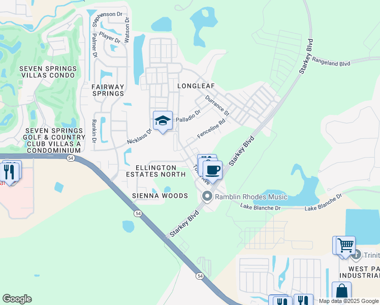 map of restaurants, bars, coffee shops, grocery stores, and more near 3329 Ellington Way in New Port Richey
