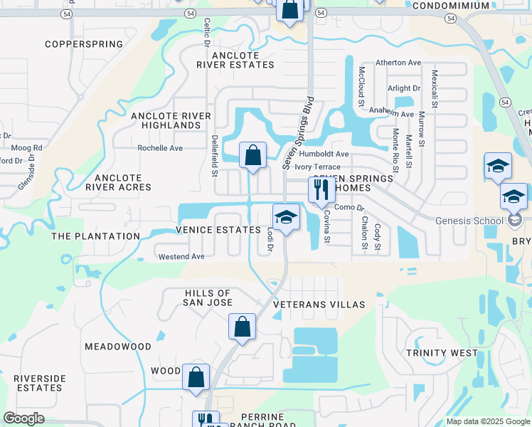 map of restaurants, bars, coffee shops, grocery stores, and more near 3233 Lodi Drive in New Port Richey