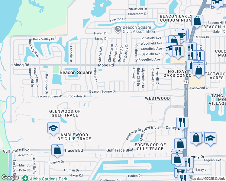 map of restaurants, bars, coffee shops, grocery stores, and more near 3245 Binder Drive in Holiday