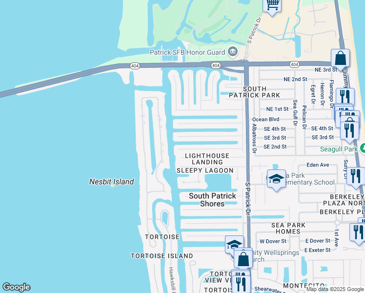 map of restaurants, bars, coffee shops, grocery stores, and more near 472 Penguin Drive in Satellite Beach