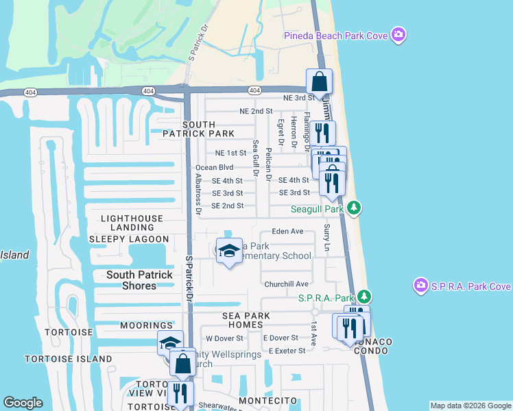 map of restaurants, bars, coffee shops, grocery stores, and more near 200 Seagull Drive in Satellite Beach