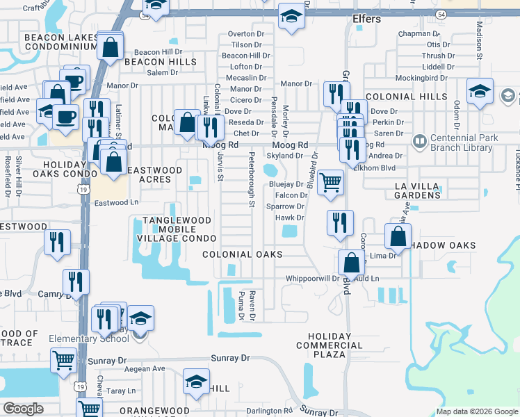 map of restaurants, bars, coffee shops, grocery stores, and more near 5117 Springland Drive in Holiday
