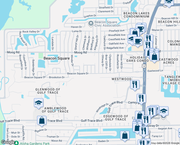 map of restaurants, bars, coffee shops, grocery stores, and more near 3926 Beacon Square Drive in Holiday