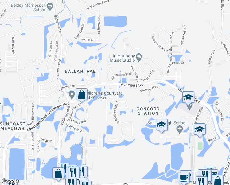 map of restaurants, bars, coffee shops, grocery stores, and more near 18045 Glastonbury Lane in Land O' Lakes