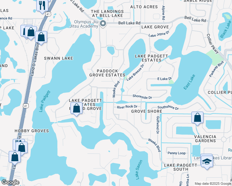 map of restaurants, bars, coffee shops, grocery stores, and more near 22119 Weeks Boulevard in Land O' Lakes