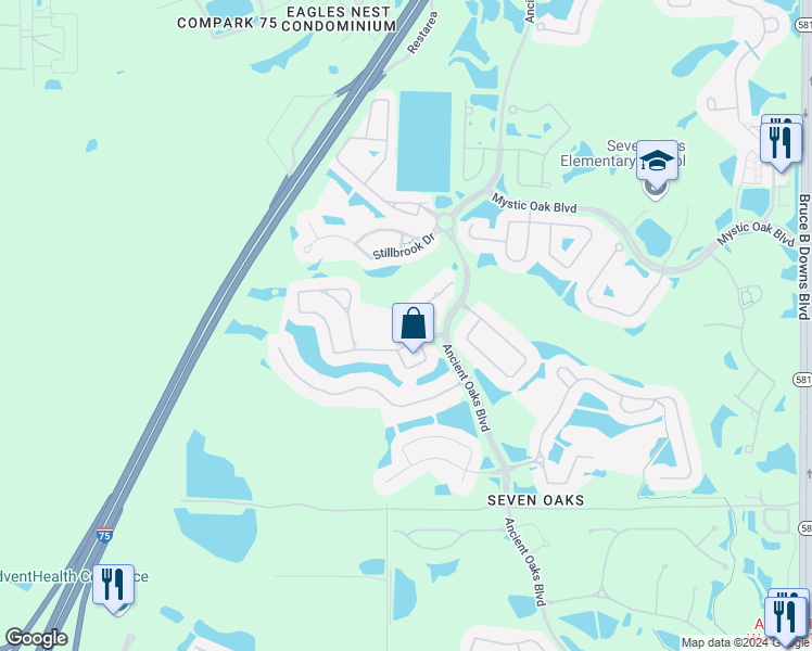 map of restaurants, bars, coffee shops, grocery stores, and more near 3415 Loggerhead Way in Wesley Chapel