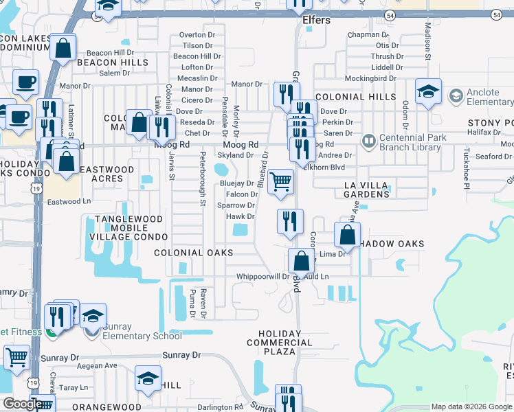 map of restaurants, bars, coffee shops, grocery stores, and more near 3301 Bluebird Drive in Holiday