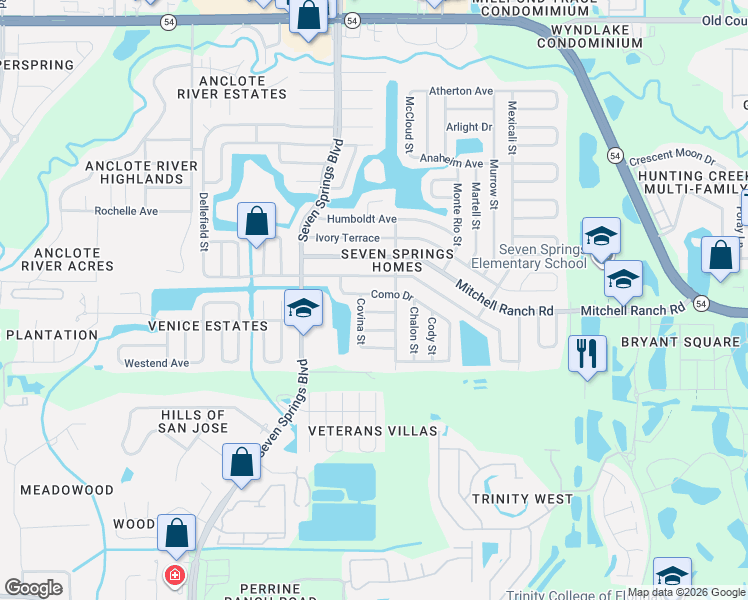 map of restaurants, bars, coffee shops, grocery stores, and more near 7509 Cambria Lane in New Port Richey