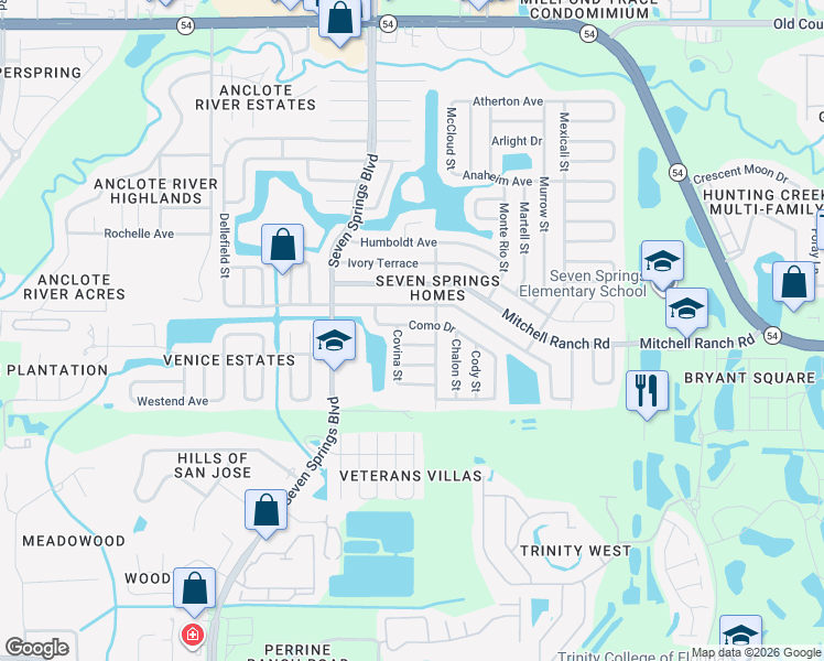map of restaurants, bars, coffee shops, grocery stores, and more near 7442 Como Drive in New Port Richey