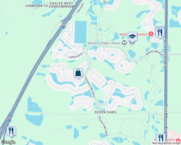 map of restaurants, bars, coffee shops, grocery stores, and more near 3311 Chapel Creek Circle in Wesley Chapel
