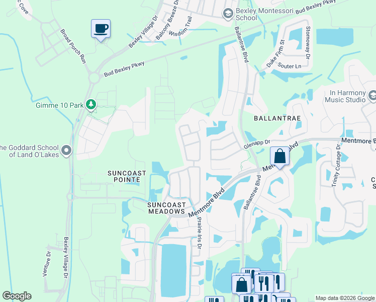 map of restaurants, bars, coffee shops, grocery stores, and more near 3340 Cardinal Feather Drive in Land O' Lakes