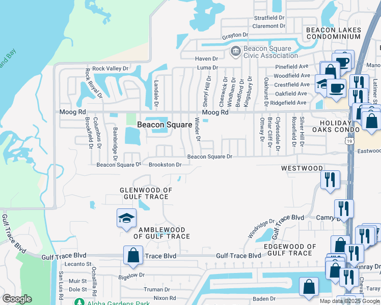 map of restaurants, bars, coffee shops, grocery stores, and more near 3640 Beacon Square Drive in Holiday