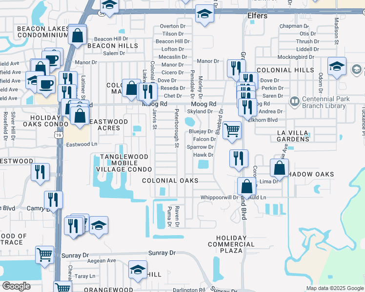 map of restaurants, bars, coffee shops, grocery stores, and more near 3241 Finch Drive in Holiday